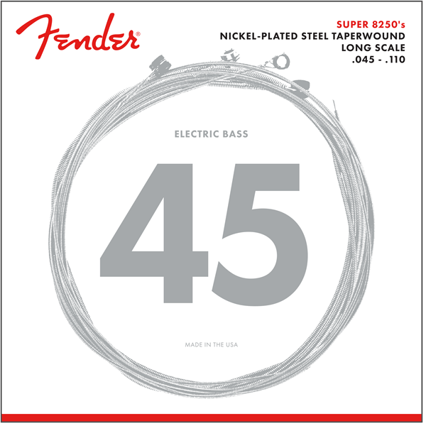 Fender 8250 Bass Strings, Nickel Plated Steel Taperwound, Long Scale, 8250M .045-.110 Gauges, (4)
