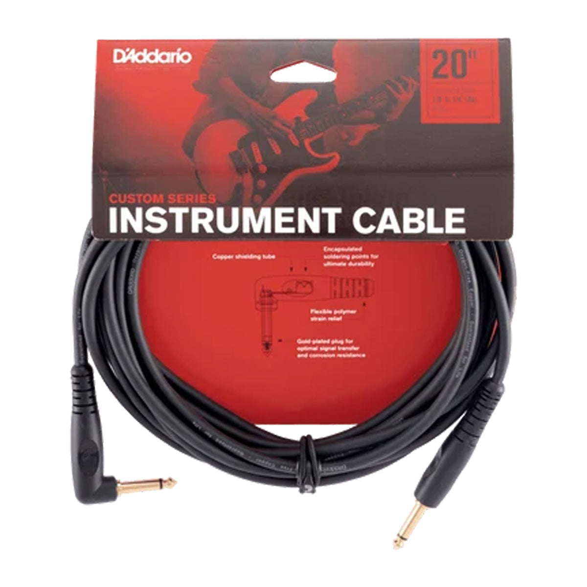 D'ADDARIO PW-GRA-20 Câble d'instrument de la série Custom droit vers coudé TS 1/4 po - 20 pi