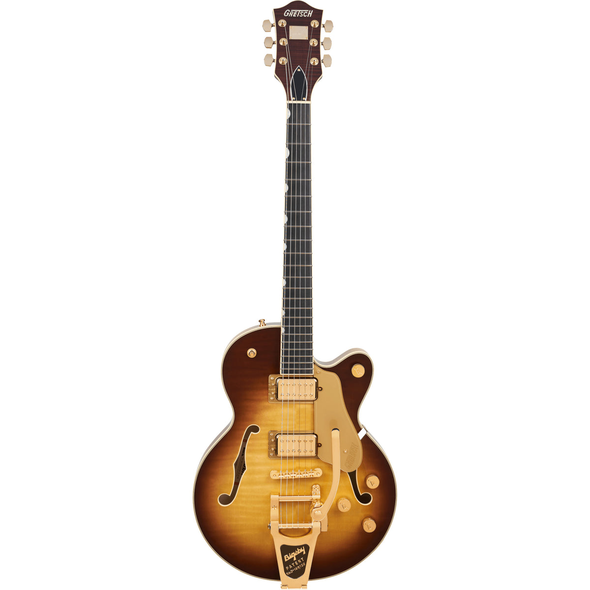 GRETSCH  Broadkaster Jr. LX Figured Center Block with String-Thru Bigsby and Gold Hardware, Ebony Fingerboard, Caramel Dawn