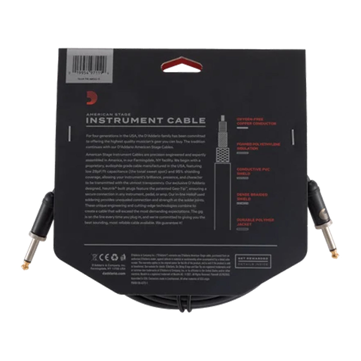 D'ADDARIO PW-AMSG-15 American Stage Câble d'instrument droit vers droit TS 1/4 po - 15 pi
