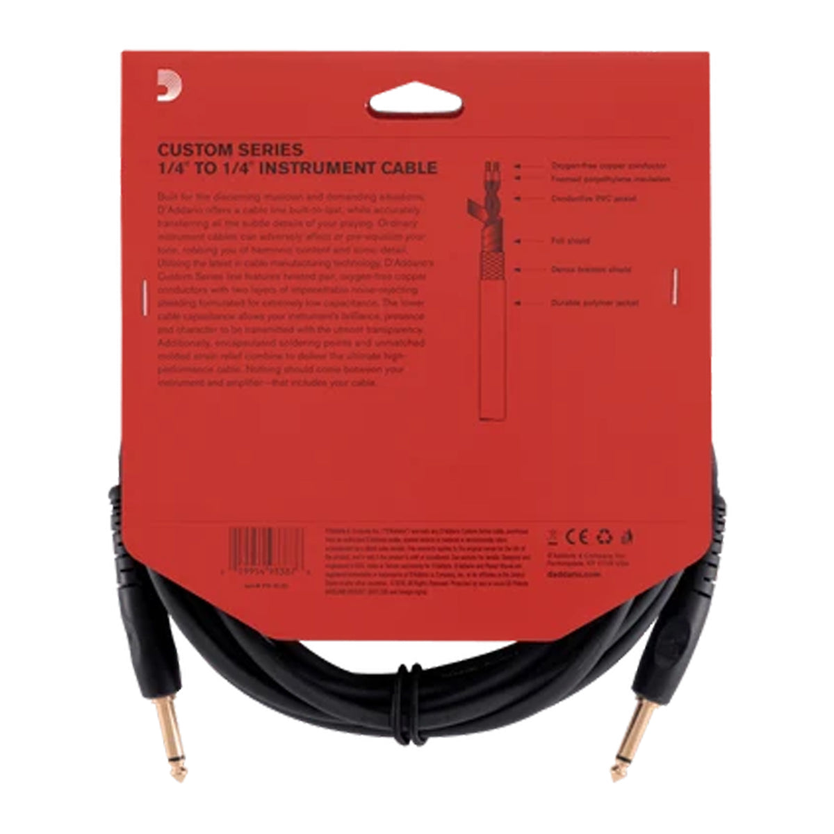 D'ADDARIO PW-G-20 Custom Series 1/4" TS Straight-to-Straight Instrument Cable - 20'