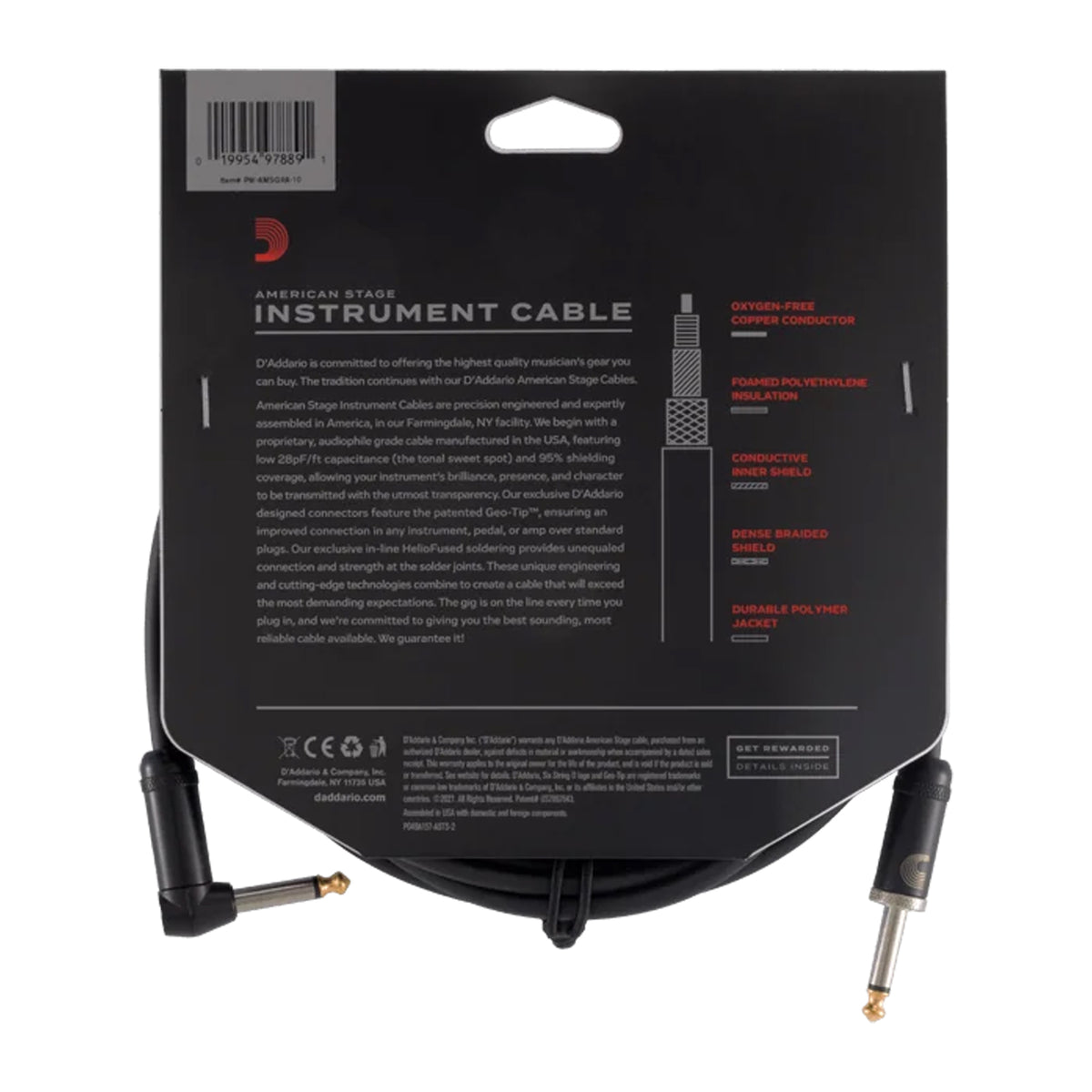 D'ADDARIO PW-AMSGRA-10 American Stage 1/4" TS Straight-to-Right-Angle Instrument Cable - 10'