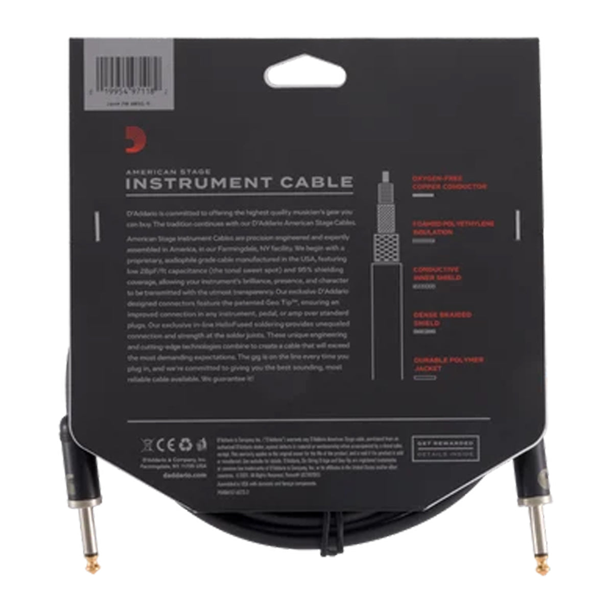 D'ADDARIO PW-AMSG-10 American Stage 1/4" TS Straight-to-Straight Instrument Cable - 10'