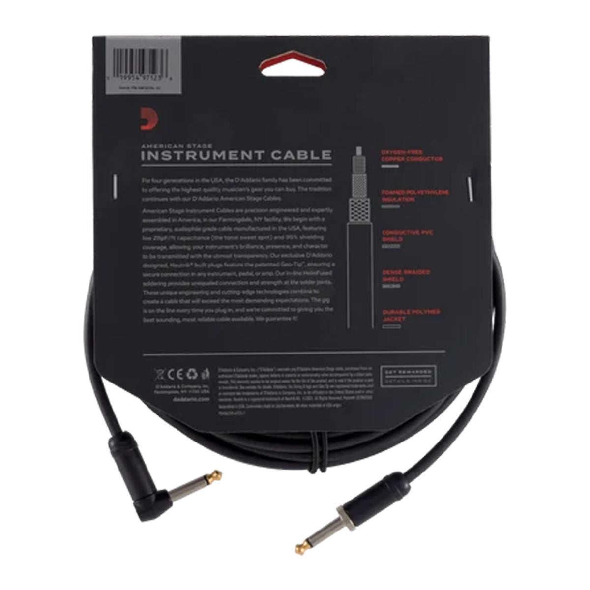 D'ADDARIO PW-AMSGRA-20 American Stage 1/4" TS Straight-to-Right-Angle Instrument Cable - 20'
