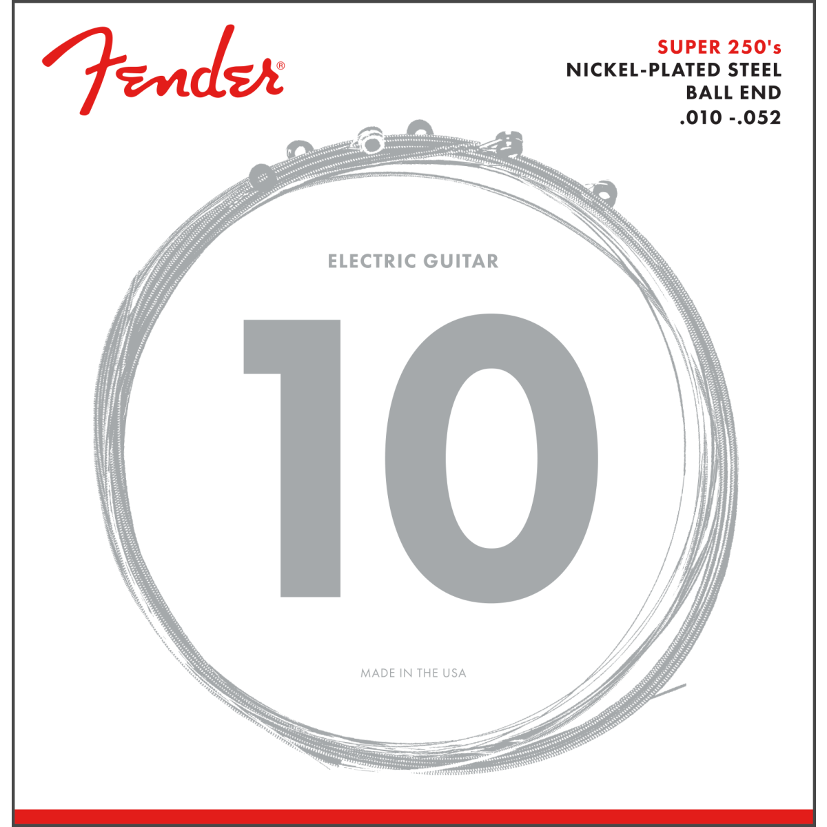 Fender  Super 250 Guitar Strings, Nickel Plated Steel, Ball End, 250RH Gauges .010-.052, (6)