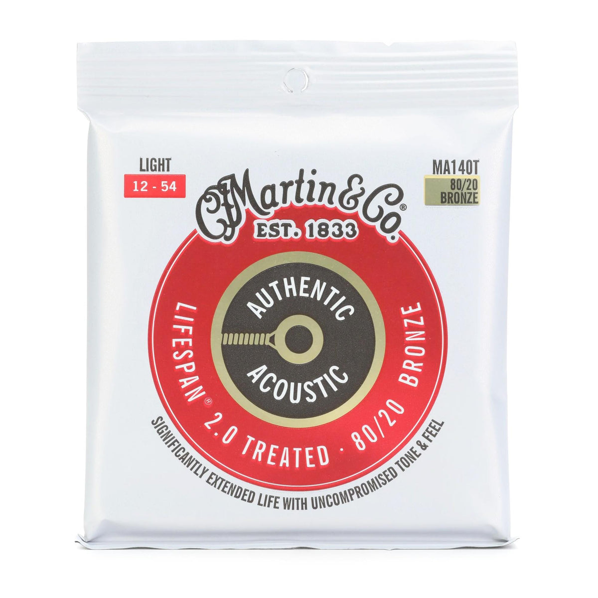 Martin MA140T Authentic Acoustic Lifespan 2.0 Guitar Strings Set - 80/20 Bronze - Light 12-54