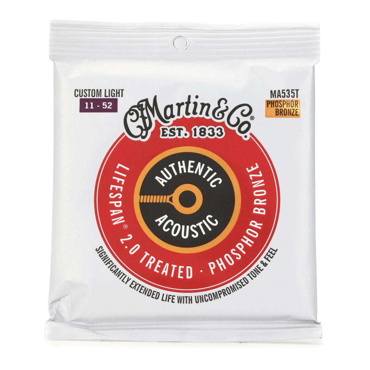 Martin MA535T Authentic Acoustic Lifespan 2.0 Guitar Strings - 92/8 Phosphor Bronze - Custom Light 11-52